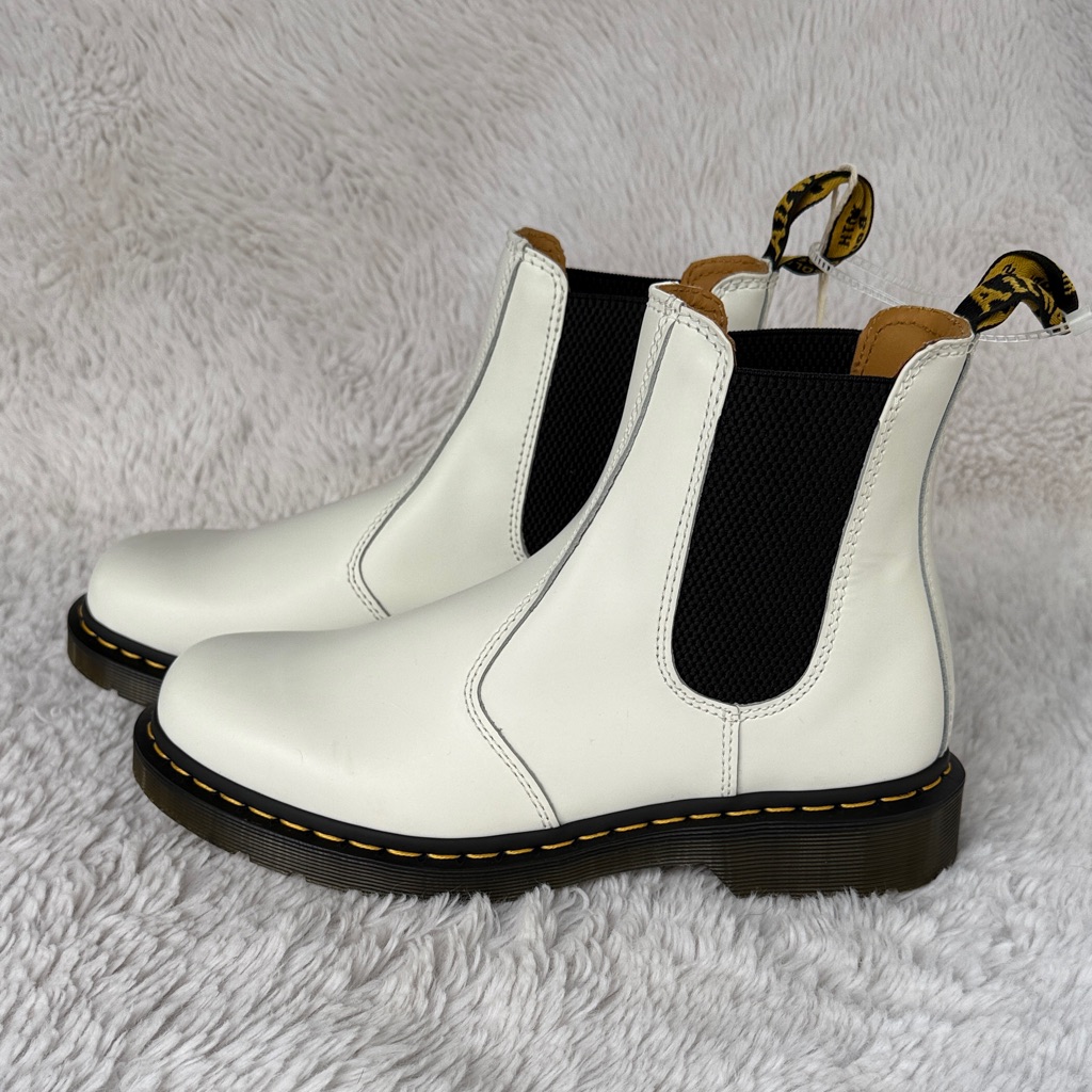 Dr. Martens White Chelsea Boots With Black Elastic Panels